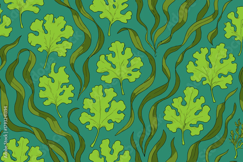Seamless pattern with green leaves and wavy seaweed