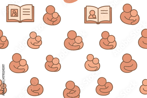 Seamless pattern with family icons and photo albums on orange