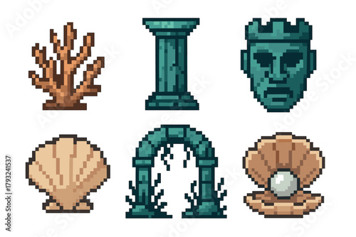 Six pixel art icons featuring ancient artifacts including a coral, column, helmet, seashell, archway, and an open shell with a pearl.