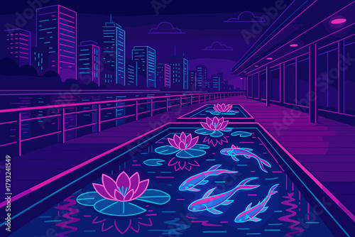 Neon koi pond under a futuristic city skyline at night