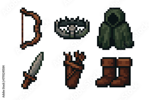 Pixel art icons of medieval fantasy gear, including a bow, trap, cloak, dagger, quiver with arrows, and leather boots, designed for video game asset use.