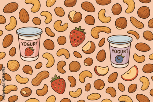 Cartoon yogurt and nuts seamless food pattern