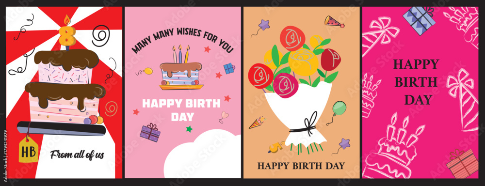 Obraz premium Birthday Greeting Card and Poster Set — Colorful Vector Designs with Cake, Balloons, Gifts, and Flowers