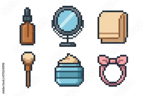 A collection of pixel art beauty items, including a brown bottle with a dropper, a round mirror, a folded paper towel, a makeup brush, a cream jar, and a pink headband with a bow.