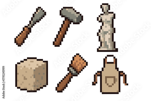 Pixel art depiction of sculpting tools, including a chisel, mallet, brush, apron, a block of stone, and a statue of venus.
