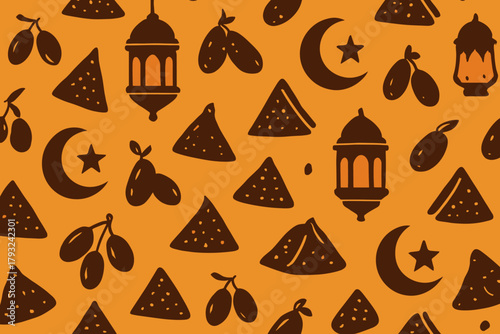 Seamless Ramadan pattern with dates, lanterns, and crescent moons