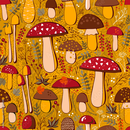 Bright mushrooms, autumn leaves and berries on background with abstract patterns. Seamless print with fall forest