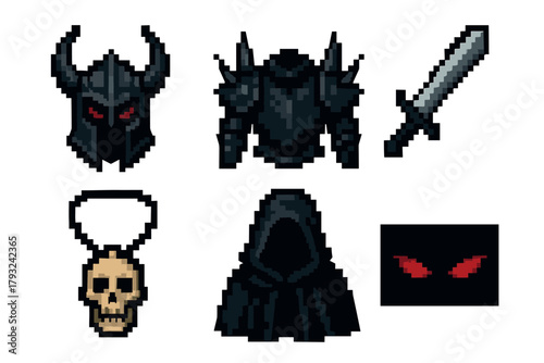 Pixel art set featuring a black armored helmet with horns, spiked chest armor, a sword, a skull with a halo, a hooded cloak, and red eyes on a black background.