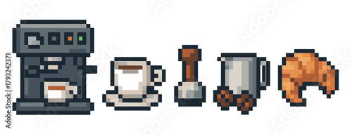 Pixel art depiction of a coffee machine, a cup on a saucer, a tamper, a milk frother, and a croissant, representing a coffee-making setup.