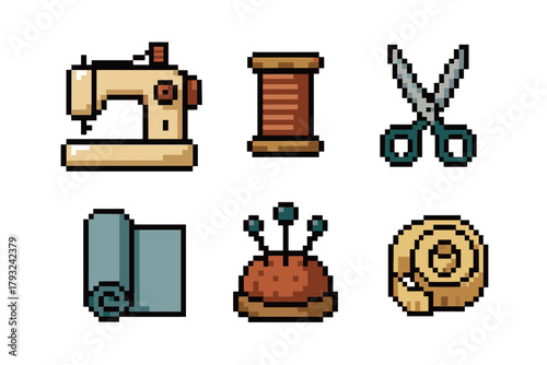 Pixel art illustration of sewing tools including a sewing machine, spool of thread, scissors, fabric roll, pincushion with pins, and measuring tape.