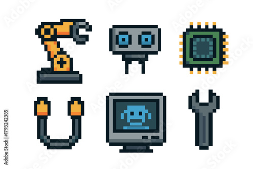 Pixel art illustration depicting six retro-style technology icons including a robotic arm, robot head, microchip, cable, computer monitor, and wrench.
