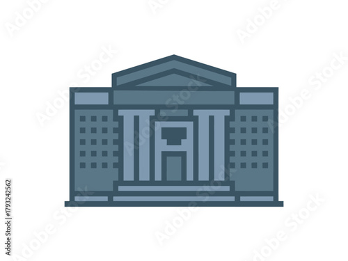A classic building with columns represents a financial institution or government building.