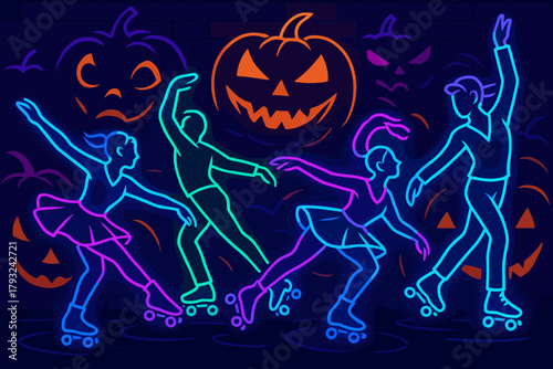 Neon roller skaters performing in a Halloween-themed dance with glowing jack-o'-lanterns