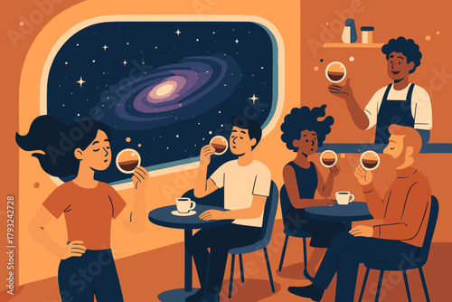 Futuristic space café with people sipping floating coffee in zero gravity