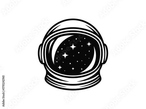 An astronaut's helmet reflects the vastness of space and distant stars.