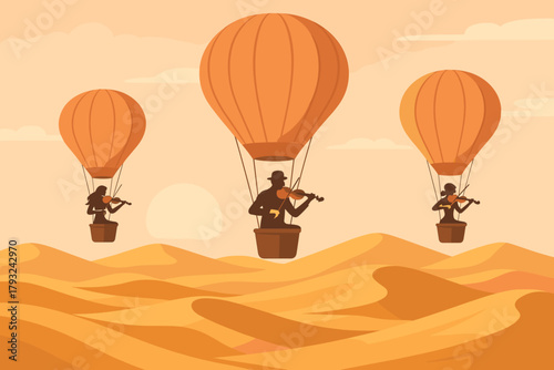Surreal desert scene with violinists in hot air balloons at sunset