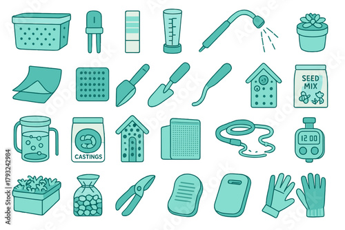 Garden tools and accessories icons for home gardening and plant care