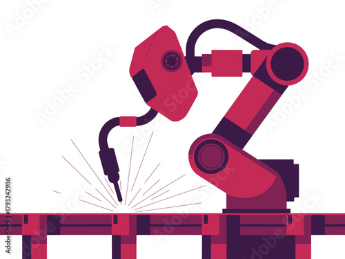 A red robotic arm performs welding on a factory assembly line.