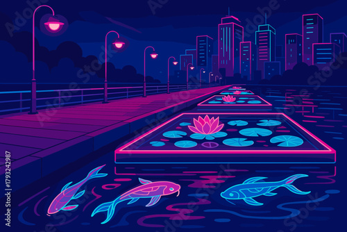 Futuristic neon-lit city boardwalk with koi fish and lotus ponds at night