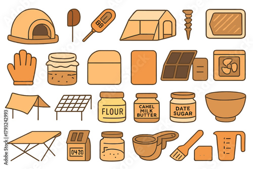 Rustic sourdough baking essentials illustrated on brown background
