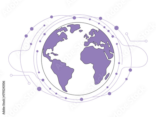 The globe is surrounded by a network of digital connections and nodes, representing global communication.