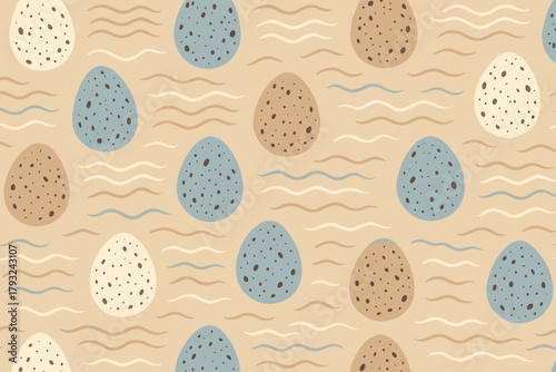 Seamless pattern with speckled eggs and wavy lines