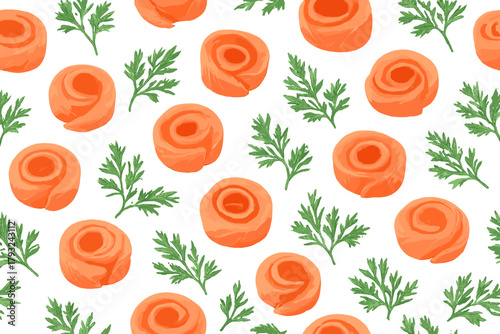 Seamless pattern with salmon rose slices and green herbs
