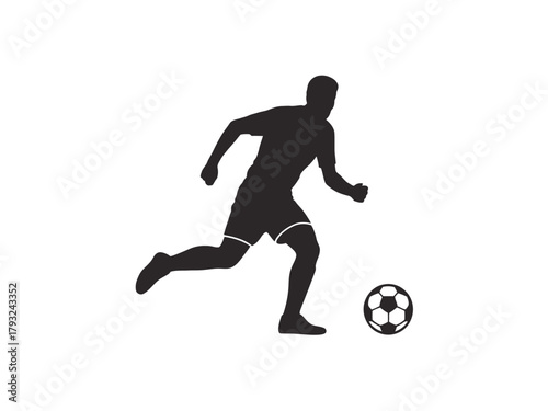 A silhouette of a soccer player dribbling a ball on a white background.