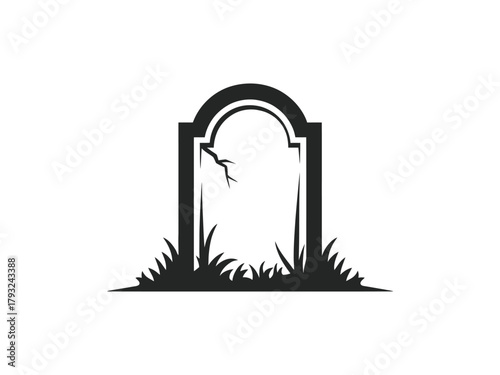 A stylized silhouette of a cracked tombstone with grass at its base.