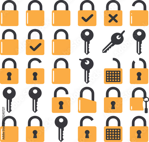 Collection of orange and black flat design padlocks and keys security safety