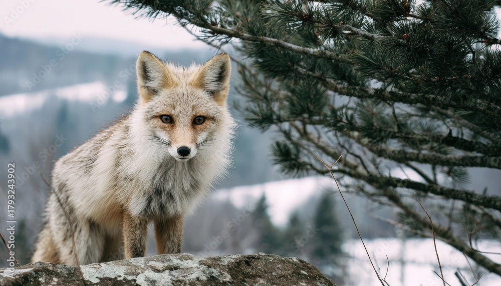 Obraz premium Wild canine with pale fur sits attentively on a rocky outcrop in a wintry landscape