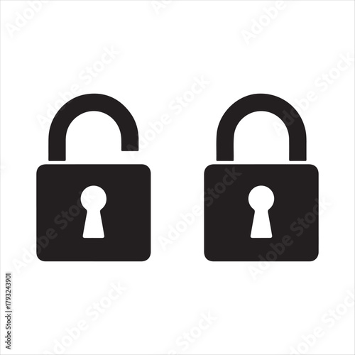 Two black padlock icons one unlocked and one locked with keyholes on a white background