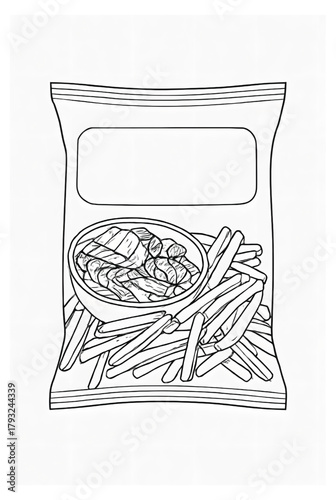 Clean line drawing of a snack bag containing fries and a bowl of dip. Versatile concept for food packaging, menus, or advertising layouts with a minimalist, high-contrast style.