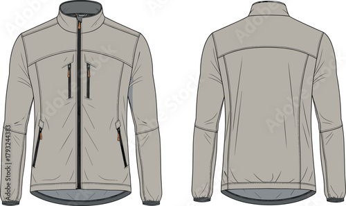 Men softshell jacket technical flat sketch, outdoor zip up windbreaker design, front and back view, fashion apparel illustration template