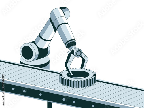 Robotic arm places a gear on a conveyor belt in a manufacturing facility.