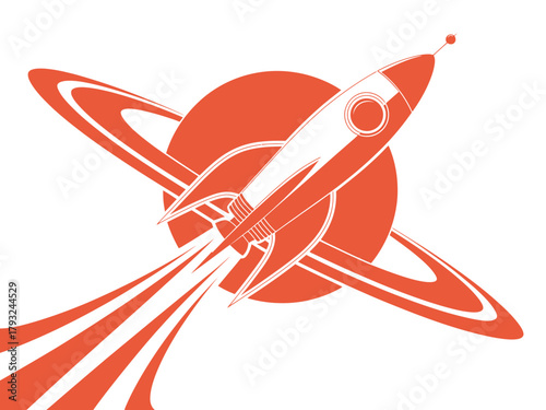 A stylized retro rocketship streaks through space past a ringed planet.