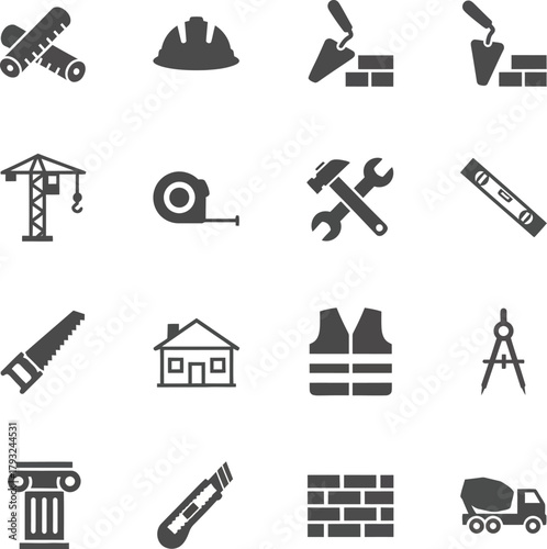 Construction Icon Set: a collection of essential construction-related icons arranged in a grid pattern. Includes iconic construction equipment symbols