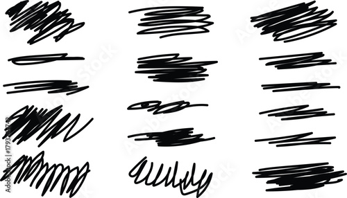 Collection of hand drawn black scribble brush strokes and smudges on white background