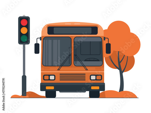 A bright orange bus waits at a traffic light next to a stylized tree.