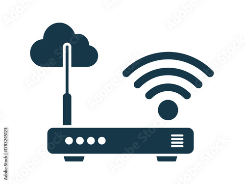 A router with a cloud symbol and Wi-Fi signal indicates internet connectivity and data.