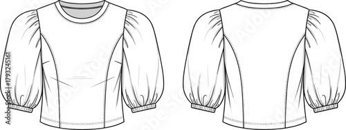 Puff sleeve blouse flat sketch, women top fashion vector, stylish clothing design template, technical drawing, elegant apparel illustration