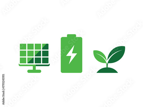 Renewable energy concepts symbolized by a solar panel, battery, and plant.