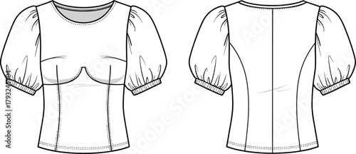 Women puff sleeve top technical flat sketch, fitted short sleeve blouse design, fashion apparel illustration front and back view template