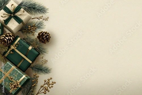 Holiday gifts and natural evergreen decorations border a light neutral background space