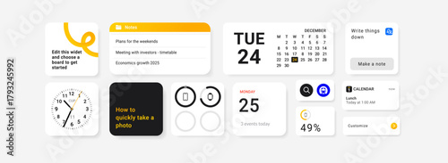 Minimal iOS-style widget interface layout with calendar, clock, battery, notes, and productivity cards. Modern white background with yellow-black color scheme and rounded app blocks.
