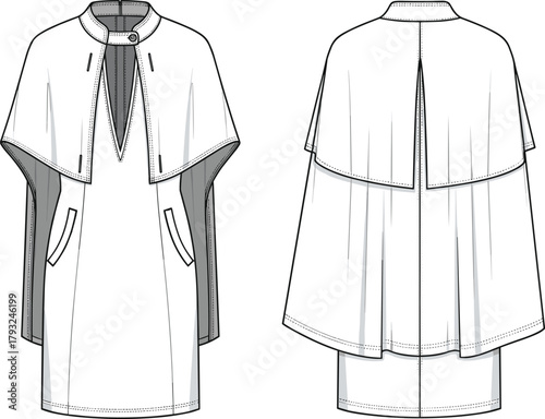 Women’s cape coat flat sketch, elegant outerwear fashion template, long sleeve poncho coat front and back view, vector technical drawing