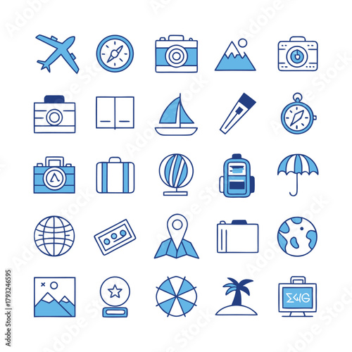 Clean outline travel icons set for destinations and journeys