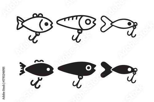 Vector Fishing lures line and solid icon pack outline different style. Symbol, logo