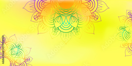 Hand drawn intricate multicolor mandala design on yellow. Vector mandala background for decoration invitation, cards, logos, cover, brochure, flyer, banner. Islam, arabic, Indian, ottoman motifs