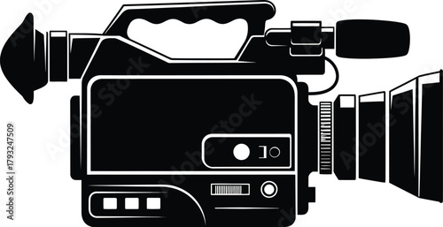 Illustration of black and white illustration of a professional video camera